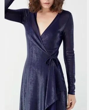& Other Stories Sheer Metallic Long Sleeve Midi Wrap Dress Navy Blue Size 2 thumbnail 2