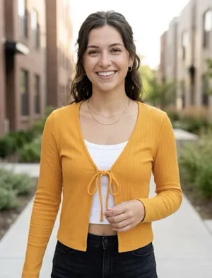 H&M Divided Mustard Yellow Rib Knit Long Sleeve Tie-Front Crop Cardigan Size M thumbnail 1