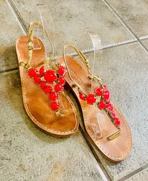 Ivanka Trump Coral Bead Embellished Gold Strap Flat Sandals Sz 8.5 thumbnail 1