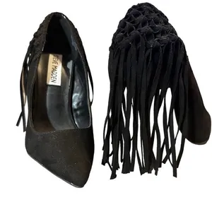 Steve Madden Tipsyy Black Suede Fringe Heels Sz 6 thumbnail 1