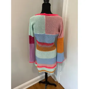 NWOT Bright colorful Y2K Boho Crochet Knit Mini Dress SzM Multi Striped Festival thumbnail 2