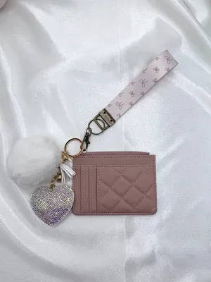Blush Pink Quilted Card Holder Wallet with Rhinestone Heart Charm thumbnail 3