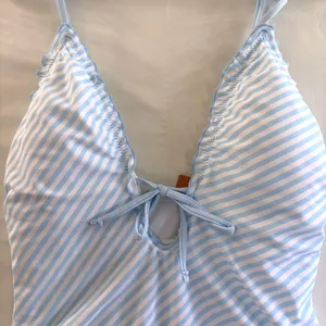 Shade & Shore Blue Striped‎ Tie Front Ruffle Cottagecore Swimsuit Medium NEW thumbnail 5