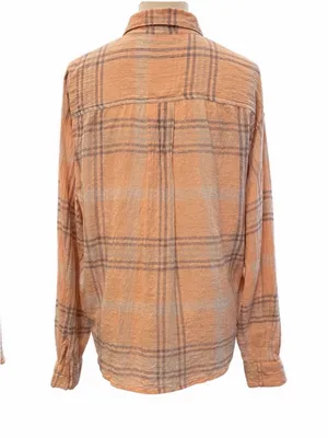 Free People Gauze Button Front Shacket Shirt Peach Gray Plaid Medium thumbnail 4