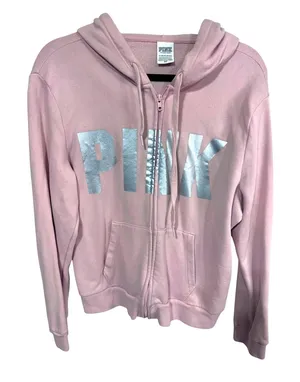 Victoria's Secret PINK‎ XL Gray Pink Hoodie Women Full Zip Silver Logo Fleece thumbnail 1