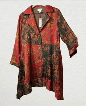 NWT Ania A VTG Floral Artsy Boho Patchwork Button Asymmetrical Red Light Jacket Size L thumbnail 2