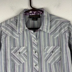 Ariat‎ Pro Series Women's XL Striped Button Up Western Shirt Bedazzled Snaps thumbnail 3