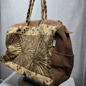 Paul Breut Travel Weekender Duffle Bag Large Brown Canvas Sequin Palm Tree Print thumbnail 10
