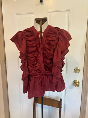 Large Entro solid burgundy ruched/ruffled peplum flutter sleeveless top. thumbnail 4