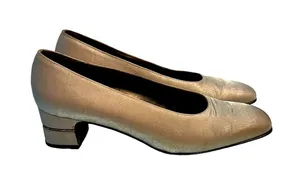 Salvatore Ferragamo VTG Shoes Vintage Shiny Nude Granny Slip On Heels Size Women's 7 thumbnail 1
