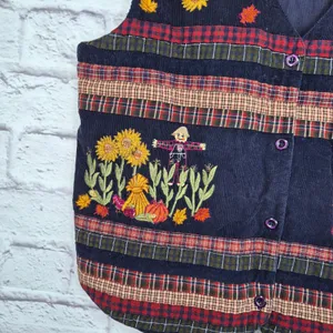 Vintage Bobbie Brooks Fall Corduroy Vest Embroidered Scarecrow Barn Patchwork L thumbnail 3