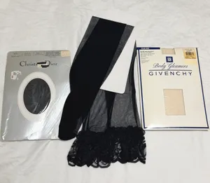 Vintage Christian Dior, Givenchy Pantyhose Lot 3 Pairs Black Dot Lace Shimmer‎ thumbnail 1