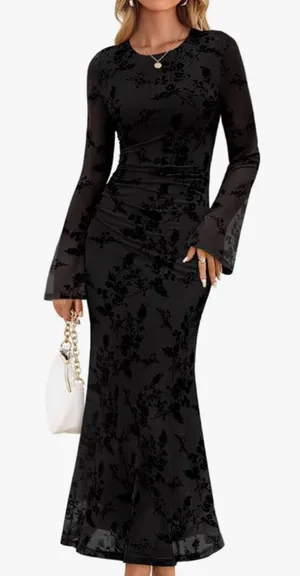 Amazon ZESICA Women's Long Sleeve Floral Bodycon Dress 2025 Fall Fashion Ruched Mesh Wedding Guest Cocktail Party Maxi Dresses thumbnail 1