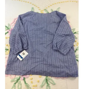 Leo & Nicole Blue‎ Gingham Cotton Blouse 3/4 Puff Sleeve Tie Neck Top Xl NEW thumbnail 4