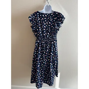 BloomChic Midi Dress Size 10 Navy Blue Polka Dot Ruffle Flutter Sleeve Smocked‎ thumbnail 4