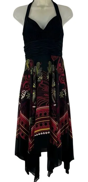 Sangria Ruched Bodice Asymmetrical Handkerchief Hem Halter Dress 4 thumbnail 1