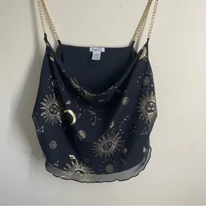 Rue21 Vintage Y2K Celestial Print Cowl Neck Cami Top Chain Straps Black Gold L thumbnail 1