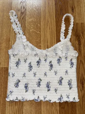 Hollister Smocked White Floral Crop Tank Top with Ruffled Straps thumbnail 3