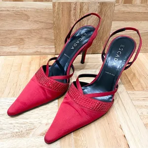 Vintage ESCADA Red Satin Embellished Pointy Toe Sling Back High Heels Pump 37 thumbnail 1