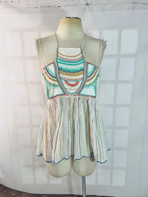Anthropologie Floreat Ivory Itzel Halter Embroidered Babydoll Tank Top Size 4 thumbnail 4