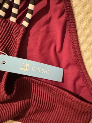 Cupshe Ribbed Burgundy Bikini with Black-and-White Strappy Accents thumbnail 3
