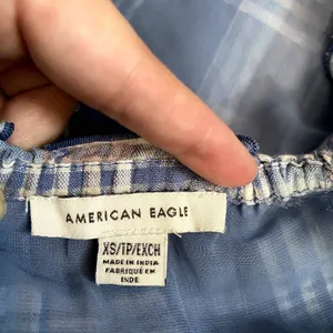 American Eagle Outfitters Puff‎ Sleeve Crop Top Blue Plaid Cotton Linen Size XS thumbnail 7