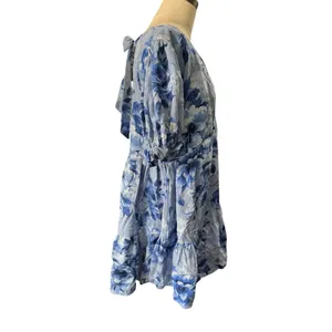 Altar'd State Women's size Large Blue Floral Linen Blend Fit Flare Dress V Neck thumbnail 5