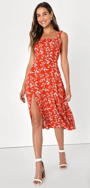 Lulus Garden Date Red Orange Floral Print Ruffle Midi Dress thumbnail 1
