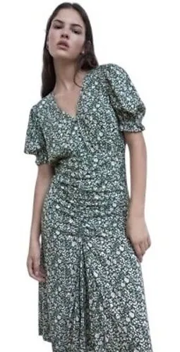 Zara Floral Green‎ Gathered Midi Dress V-Neck Puff Sleeve Cottagecore Prairie XS thumbnail 1