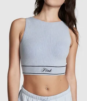 Victoria's Secret PINK Ribbed Crop‎ Top Bralette built in cups Blue Size M thumbnail 1
