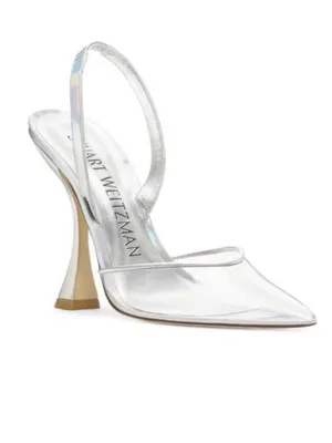 STUART WEITZMAN Xcurve Slingback Iridescent Silver & Clear Pointed Toe Pumps 9 thumbnail 10