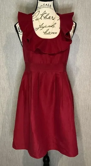Annie Griffin Deep Red Midi Dress with Ruffle Detail Size 6 thumbnail 1