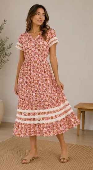 Piper & Scoot Exclusive Cottagecore‎ Floral Smocked Dress Fringe XL PSD3518C thumbnail 1
