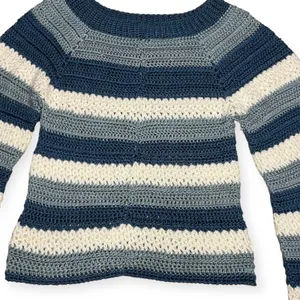 Blue White Crochet Y2K Striped Sweater Flare Sleeve Handmade XS Small‎ Winter thumbnail 6