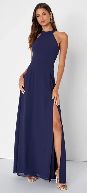 Lulus Confidently Charismatic Navy Blue Backless Halter Maxi Dress Wedding Sz XL thumbnail 1