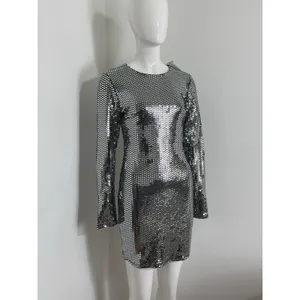 Women’s Silver Sequin Mini Dress Long Sleeve Bodycon Club Cocktail Size M NWT thumbnail 2