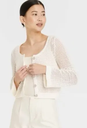 NWT A New Day Cardigan Ivory Open Knit Button Front Size L thumbnail 1