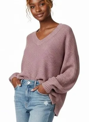 American Eagle Waffle Knit V-Neck Sweater Pink Oversized Balloon Sleeve Size M thumbnail 1