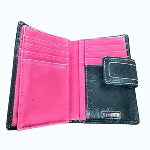 Fossil Black Leather Wallet Pink Interior Bifold Snap Tab Zip Pocket thumbnail 5