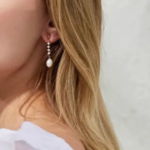 Elegant white pearl dangle drop earrings for women thumbnail 5