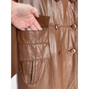 1970s The Tannery For Montgomery Ward Brown Leather Trench Coat M Long Coat thumbnail 15