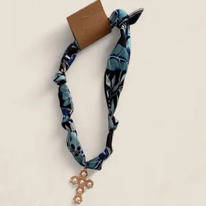 Source Unknown Blue Floral Scarf Cross Necklace Boho Hair Scarf Necklace thumbnail 2