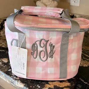 MarleyLilly Personalized Small Cooler Lunch Bag Pink Checked DHT Monogram thumbnail 2