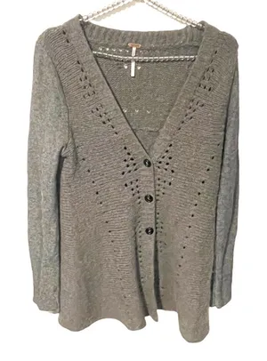 Free People Small‎ Wool Blend Cardigan Sweater Women's Lace Accent Gray Boho thumbnail 1