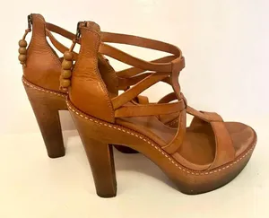 Ugg Tan Leather Woven Stack Heels Sandals  thumbnail 3