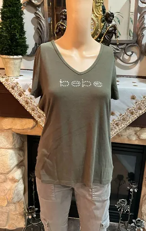 Khaki green Bebe rhinestone top with V-neck  thumbnail 1