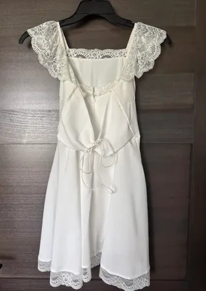 Elegant lace cap sleeve white mini babydoll dress thumbnail 3