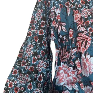 Band of The Free Josie Sapphire Blue Floral V-Neck Long Sleeve Blouse Women Sz L thumbnail 5