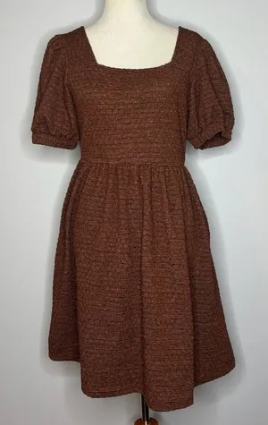 Molly Green - Brown & Pink Textured Dress with Puff Sleeves thumbnail 1