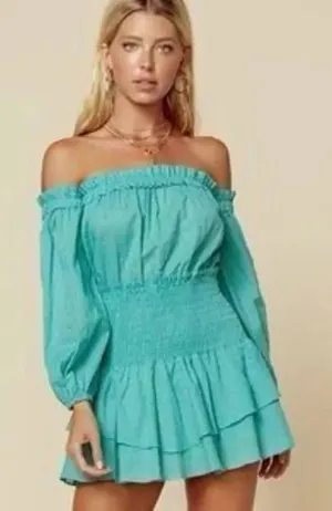Rays for days mini dress teal blue off shoulder ruched size M thumbnail 1